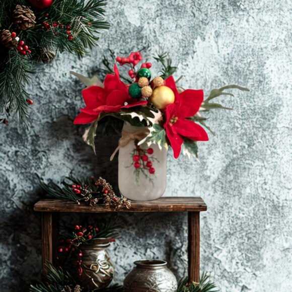 Red Poinsettia Christmas Faux Floral Arrangement in Frosted Mason Jar Decor - Picture 3 of 10